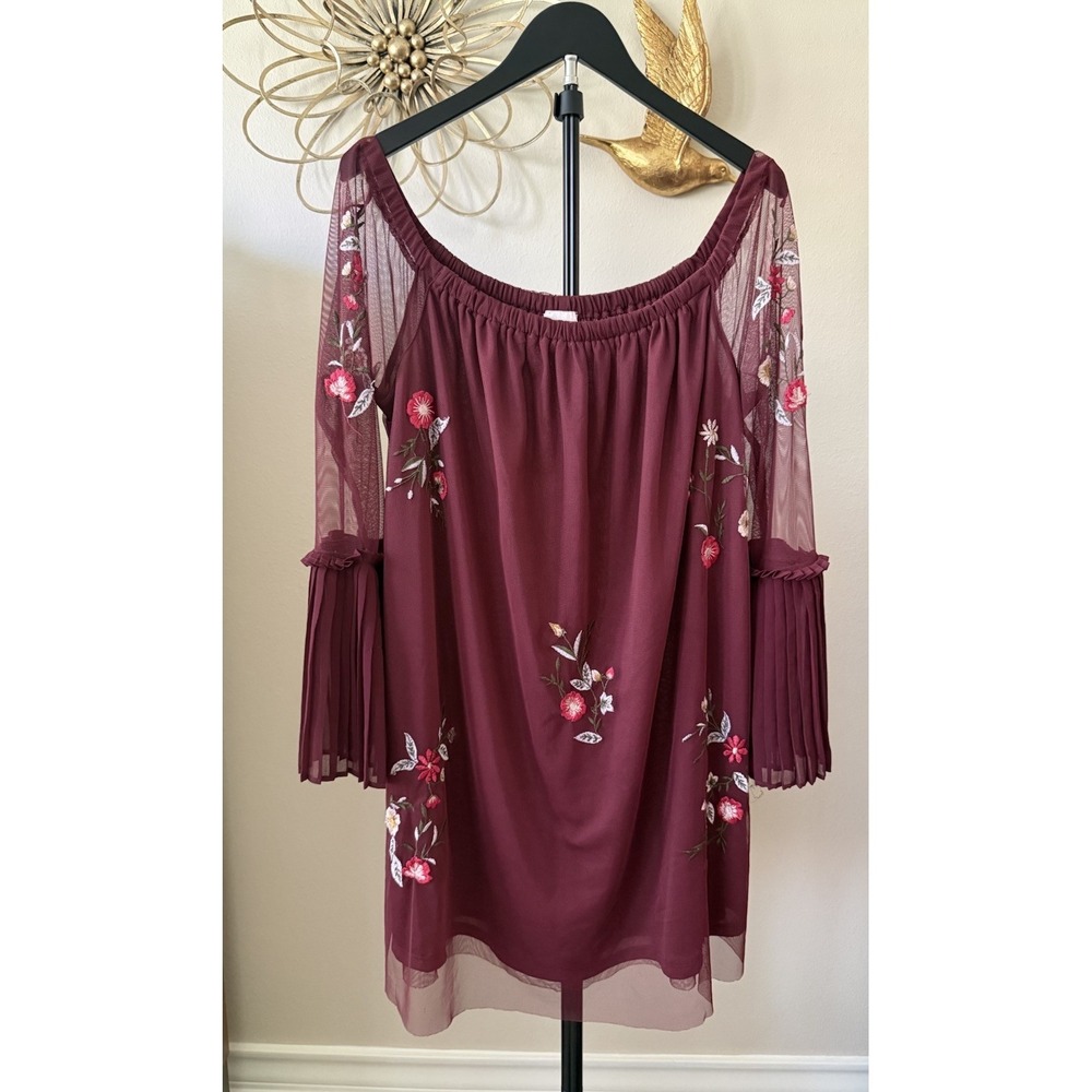 Bongo Off Shoulder Embroidered Mesh Mini Dress Burgundy Bell Sleeve Boho L
